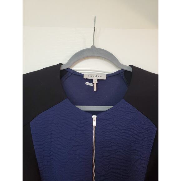 Sandro Paris Long Sleeve Dark Blue Black Crepe Color-Blocked Mini Dress, Size 8 - Picture 3 of 11